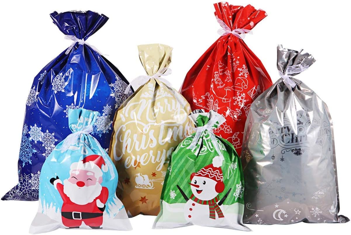 AndMore Bags Large Size Gift Wrapping Assorted Styles Bags Christmas Goody Bags with Ribbon Ties for Christmas Party Xmas Holiday 30PCS