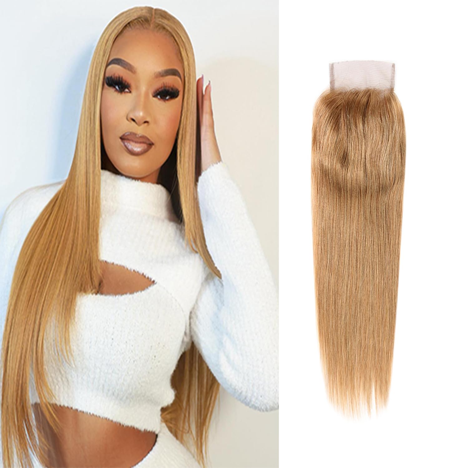 Arenshxc 4x4 Closure Brazilian Straight Virgin Hair 4x4 Closure Honey Blonde Top Lace 12A Free Part Lace Straight Closure 100% Unprocessed Human Hair Extensions Color #27 16 Inch