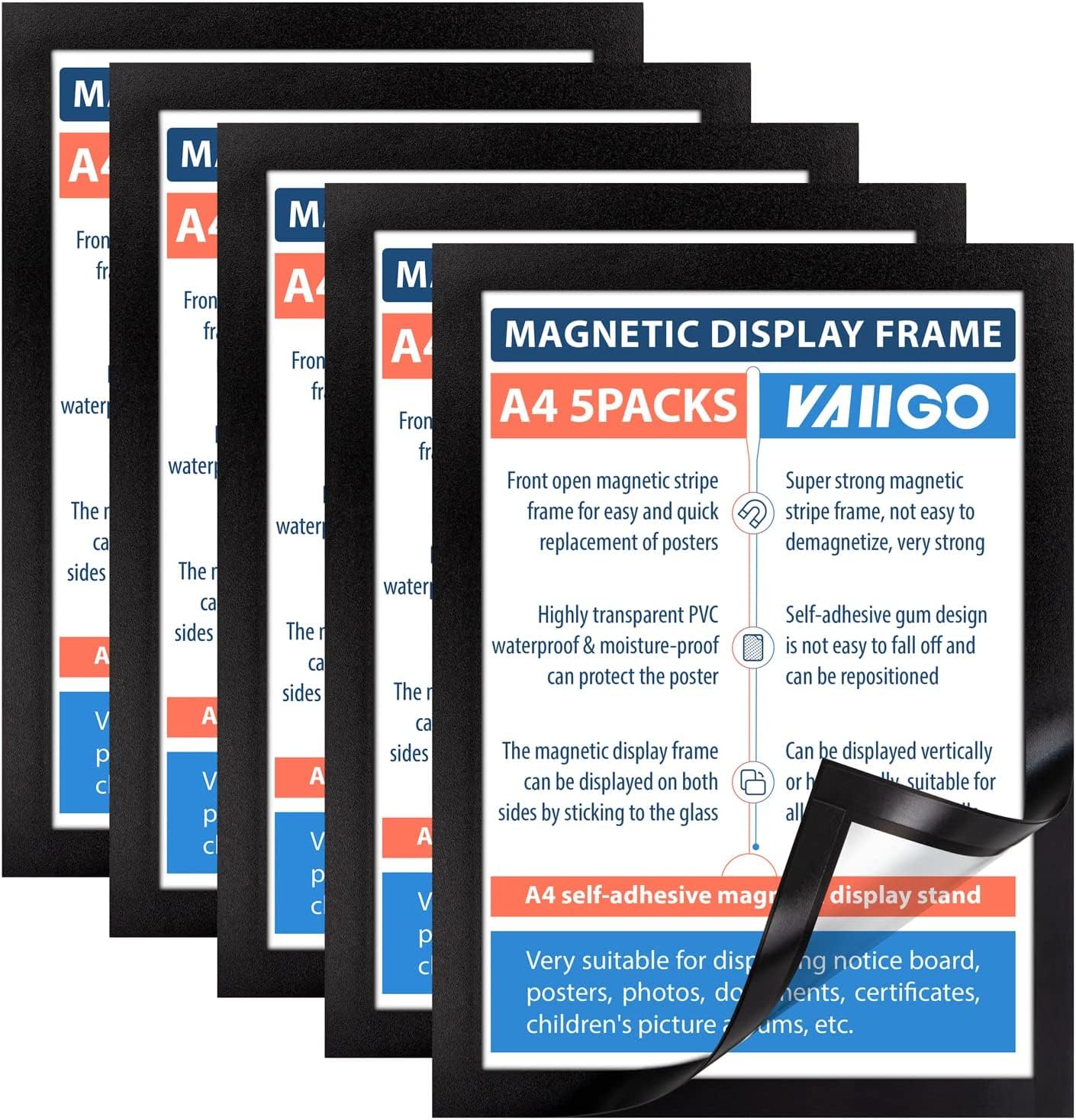 VAIIGO A4 Self Adhesive Magnetic Display Frame, Magnetic Paper Holder for License, Photos, Documents (5Pack, Black)