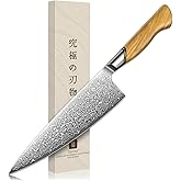 TIVOLI Damascus Chef Knife – Japanese VG-10 Professional Kitchen Knife for Meat and Vegetables with Ergonomic Olive Wood Handle, Gift Box Included, Ideal Gift for Dad & Mom