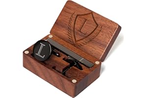 PROPHET CLUE PC Mens Initial Cufflinks and Tie Clip A-Z Alphabet Letter Black Stainless Cuff Links Tie Bar with Engraved Walnut Wood Box Groom Groomsman Wedding Set
