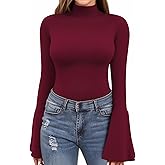 MANGOPOP Long Sleeve Mock Neck Shirts for Women Bell Sleeve Turtle Neck Tops Basic Going Out Tee Blouse
