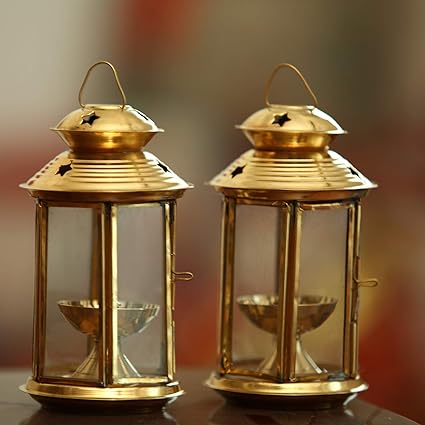 Angelic Copper Brass Diyas and Laterns (8 cm x 8 cm x 14 cm, Golden, Set of 2)