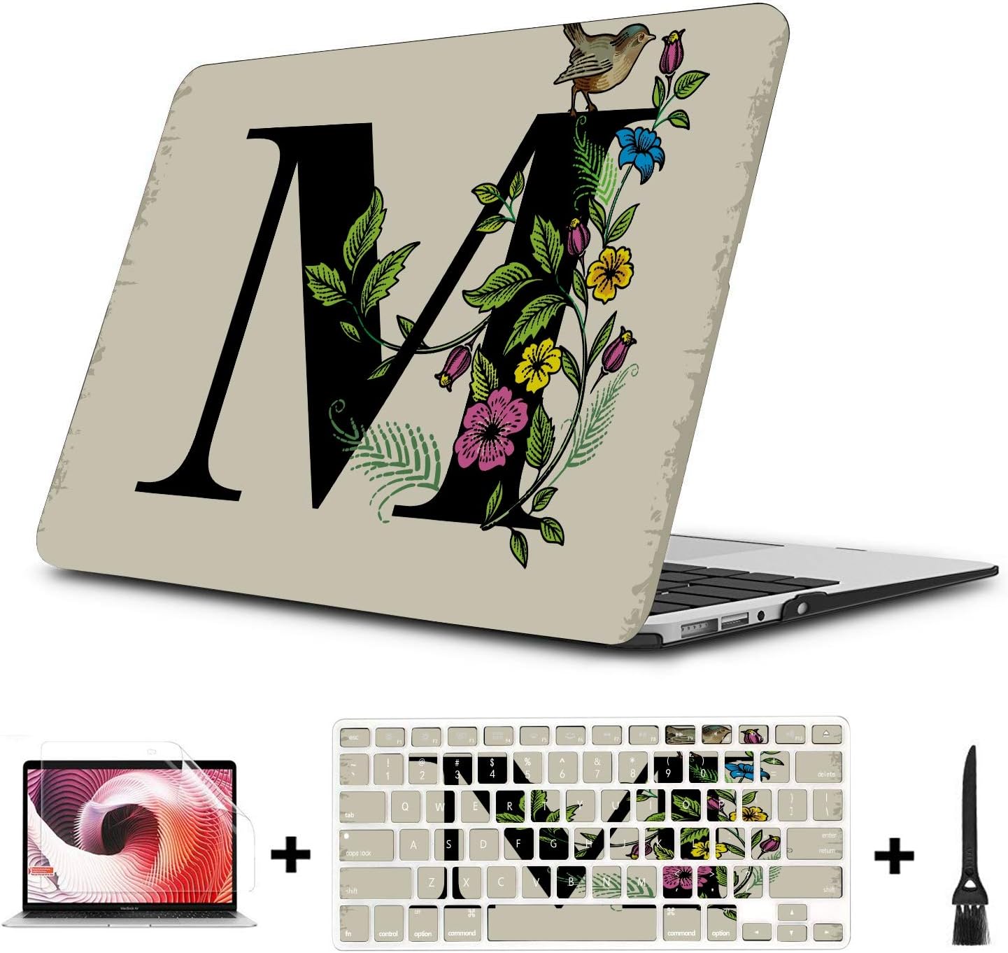 MacBook Case Letter M with Flowers and Bird Plastic Hard Shell Compatible Mac Air 11" Pro 13" 15" Cover for MacBook Air Protection for MacBook 2016-2019 Version