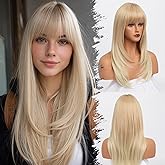EssionTech 613 Blonde Wig With Bangs Long Wavy Straight Wig with Layered Hair Synthetic Heat Resistant Wigs for Women Daily Party Use 26 Inches