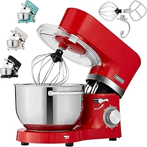 Arebos Küchenmaschine 1500W Rot | Knetmaschine mit 2x Edelstahl-Rührschüsseln 4,5 & 5,5L | Geräuscharm | Küchenmixer mit Rührhaken, Knethaken, Schlagbesen und Spritzschutz | 6 Geschwindigkeiten