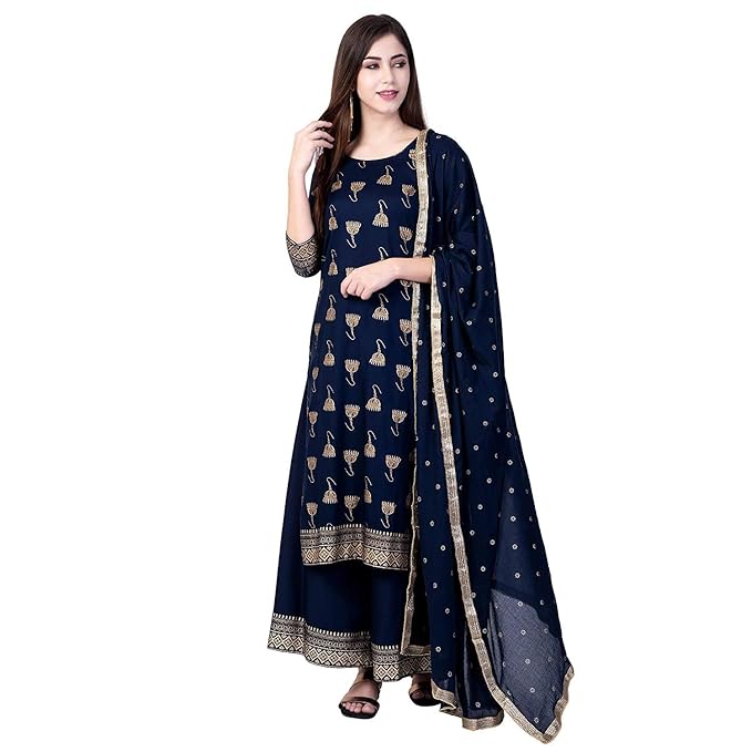 Rayon Blue Gold Printed Kurta Plazo and Dupatta Set for Women