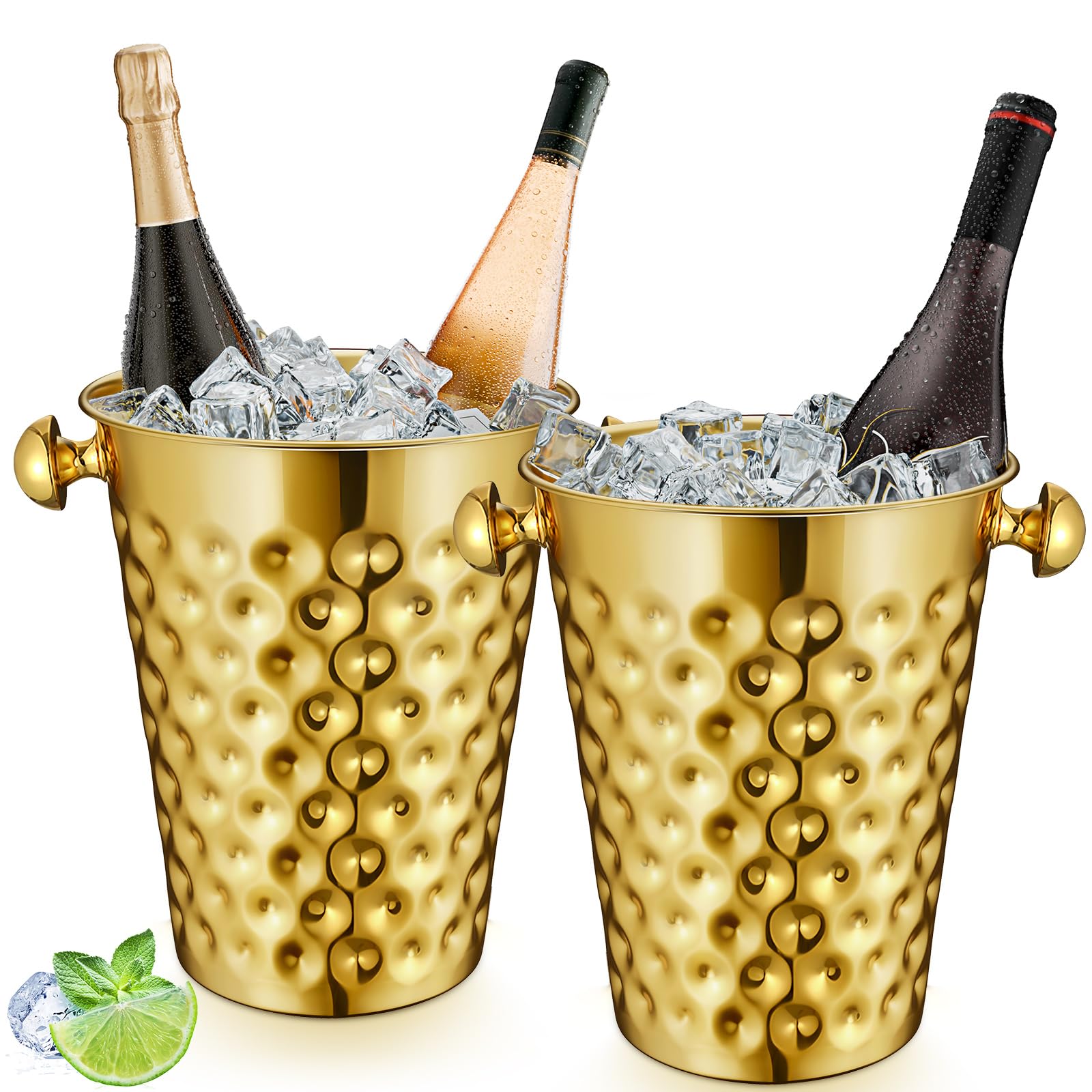 Photo 1 of MorningRo 2 Pcs Gold Metal Champagne Ice Bucket 4.7 L Stainless Steel Doublewall Wine Ice Bucket for Bar, Party, Wedding, Banquet, Outdoor, BBQ(Hammer Texture)