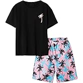 RoseSeek Boy's 2 Piece Outfits Letter and Tropical Graphic Print Short Sleeve Crewneck Tee and Shorts