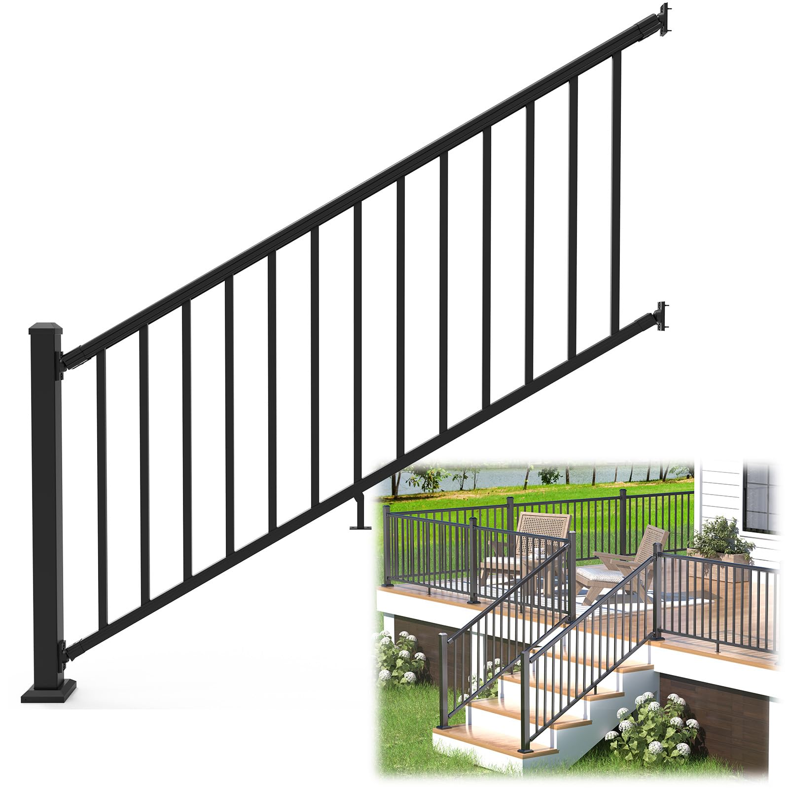 Photo 1 of Egadis 36 in. H x 6 ft. W Porch and Deck Railing Kit, Aluminum Stair Railing Kit, Black Textured AAMA 2604 Powder-Coat Finish Railing System for Concrete Steps or Wooden Stairs (1 Post, 1 Panel)
