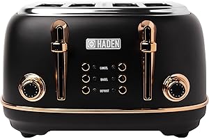 Haden Heritage 4 Slice Wide Slot Stainless Steel Toaster with Adjustable Browning Control & Non-Slip Feet, Black & Copper