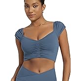 ODODOS Ruched Front Crop Tank for Women V-Neck Cut Out Back Cap Sleeve Cropped Tops