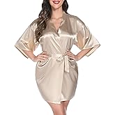 Vlazom Womens Kimono Robes Dressing Gown Satin Bathrobe Nightdress Short Style Bridal Robe