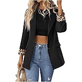 Floerns Women's Contrast Leopard Blazer Lapel Button Down Long Sleeve Office Blazer Jacket