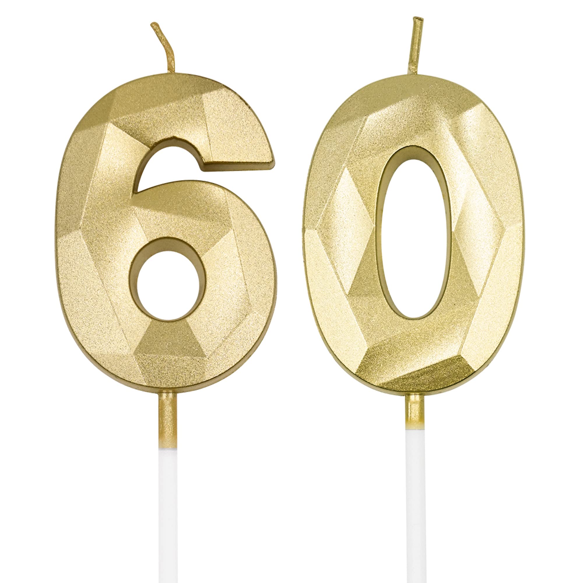 Photo 1 of 60th Birthday Candles for Cake, Gold Number 60 3D Diamond Shaped Candle Birthday Decorations Party Supplies for Women or Men