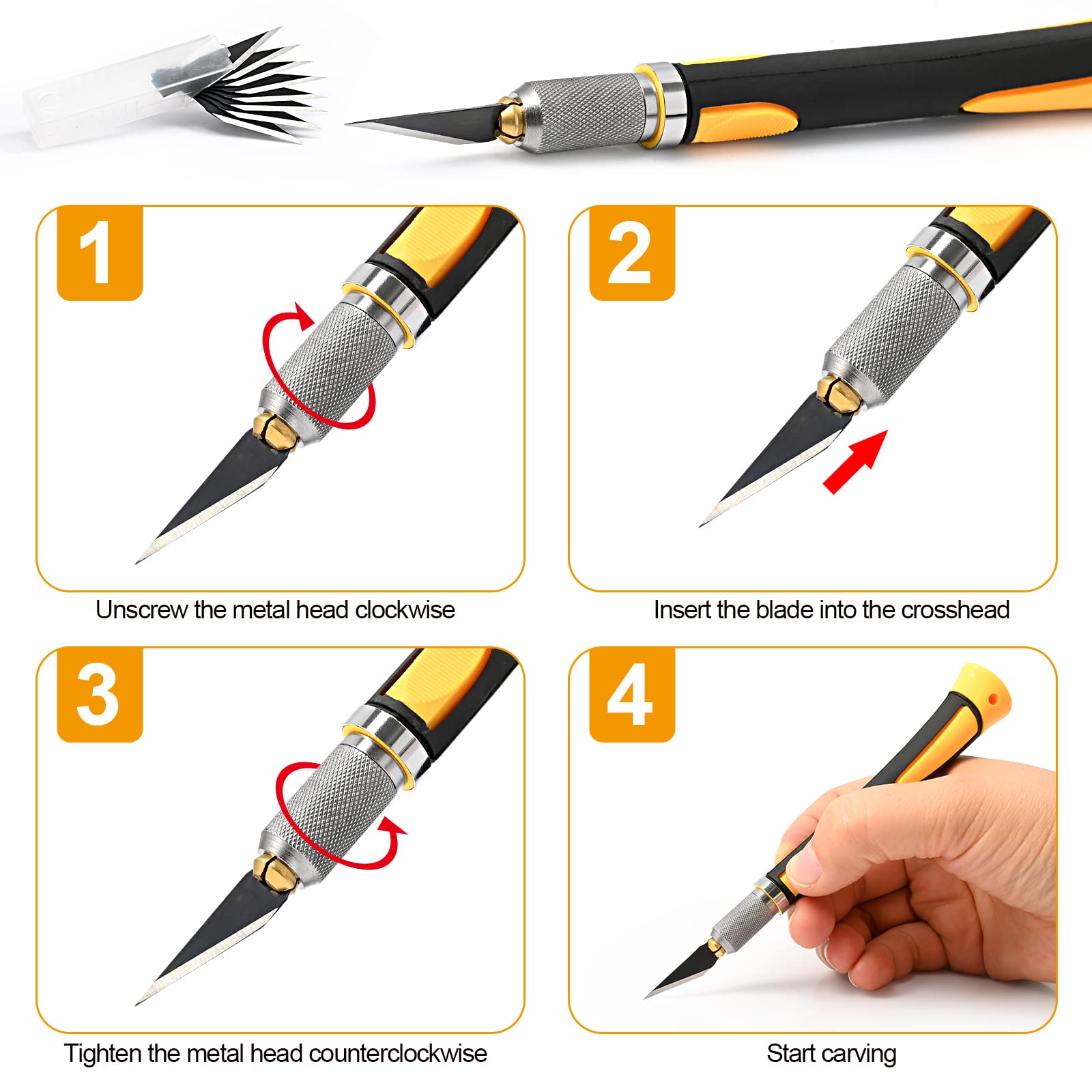 EHDIS Bastelmesser Skalpell Set, mit Softgriff inklusive, mit 10 Ersatzklingen mit einem Rostschutz-Ölfilm beschichtet, Carving Craft Messer, Cuttermesser, Skalpell Basteln, Gelb 5