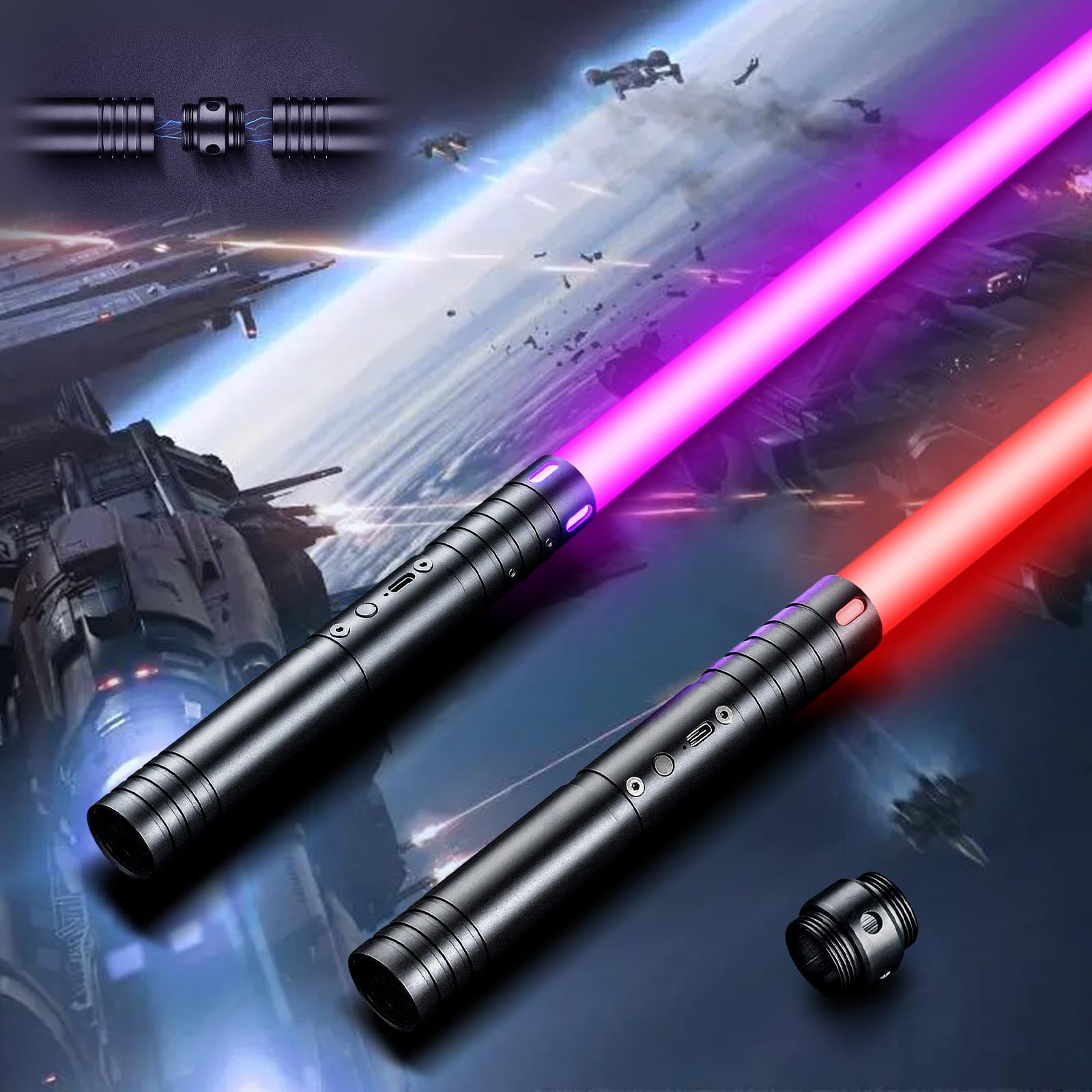 Lightsaber, USB Rechargeable Lightsabers with Metal Handle, RGB 15 Colors and 4 Modes Light Sabers for Kids and Adults, Christmas Halloween Present for Kids (74cm x 2 PC Black)