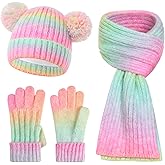 Kids Winter Hat Gloves Scarf Set, Double Pom Beanie Warmer Mittens Fleece Lined 3-Piece Set for Boys Girls