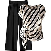 SweatyRocks Women's Plus Size 2 Piece Outfits Striped Cap Sleeve Top and Straight Leg Pants Matching Set