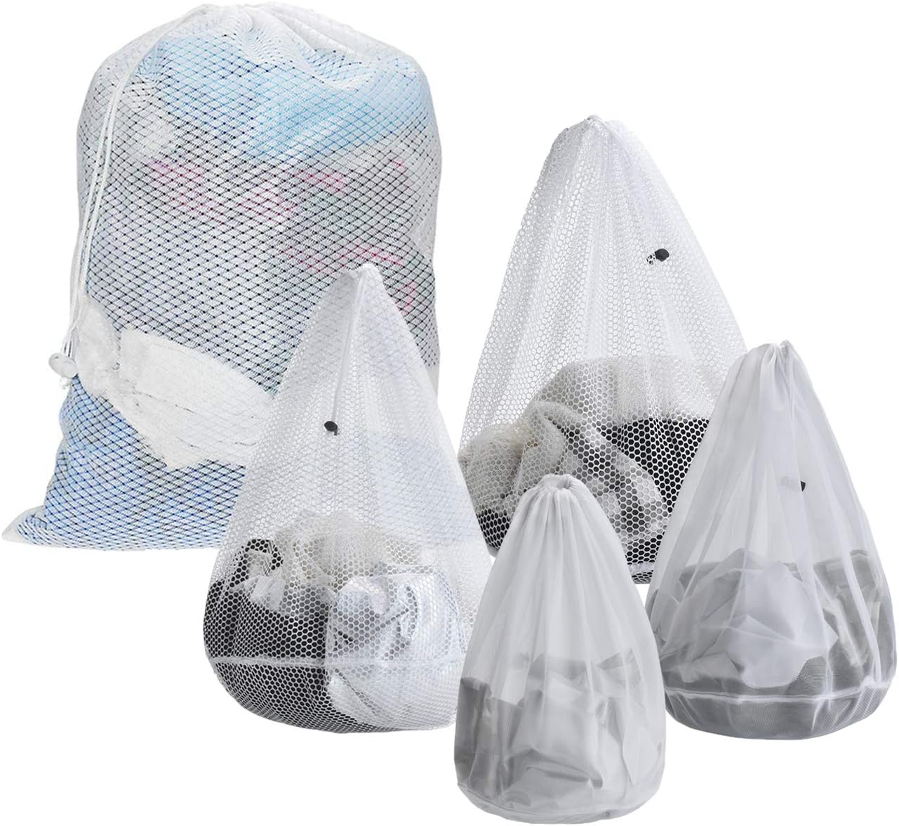 ARZASGO Laundry Mesh Bags, 5-Pack Drawstring Laundry Washing Bags for Delicates College Dorm Apartment (Fine Mesh)
