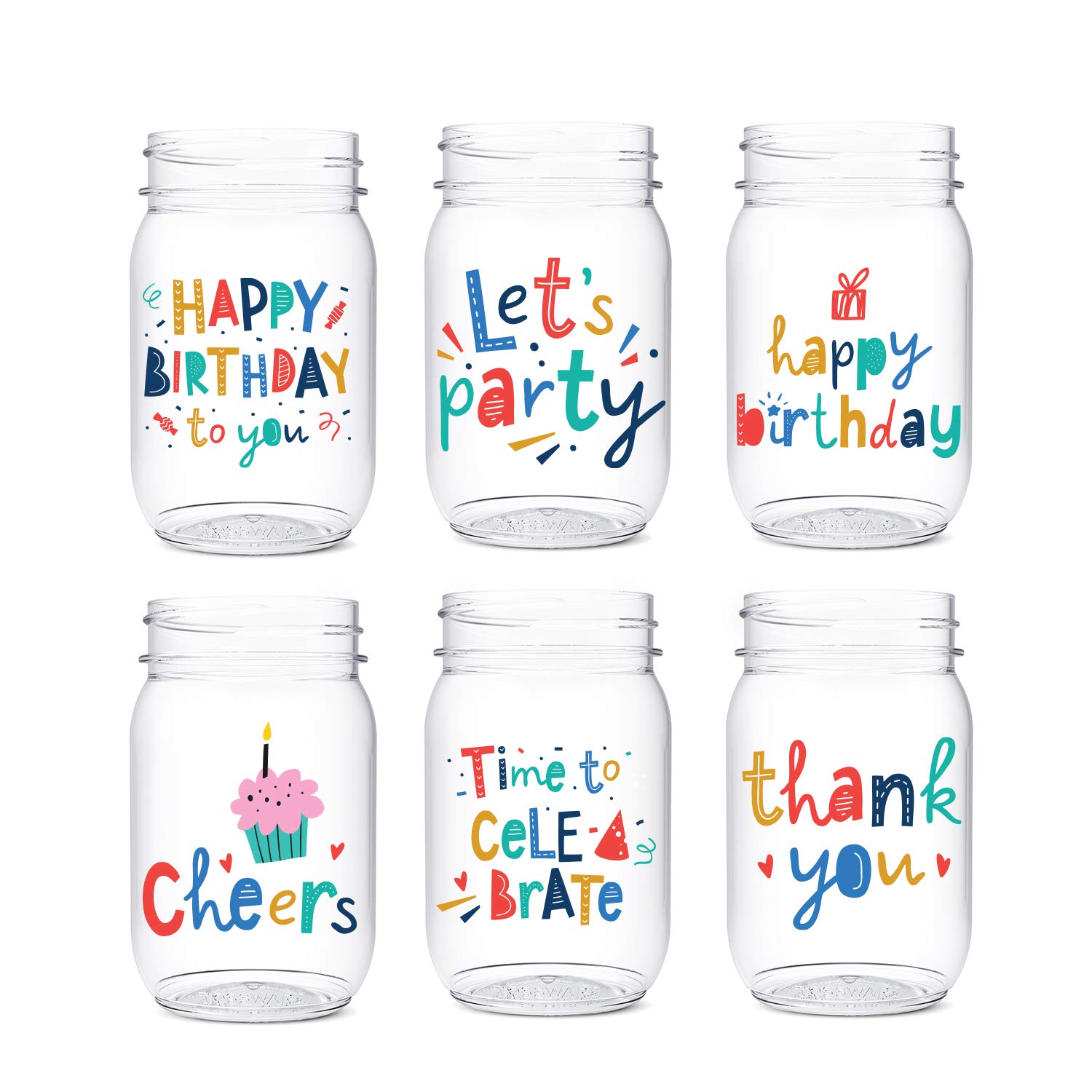 TOSSWARE POP 16oz Mason Beaming Birthday, SET of 6, Recyclable, Unbreakable & Crystal Clear Plastic Printed Mason Jars