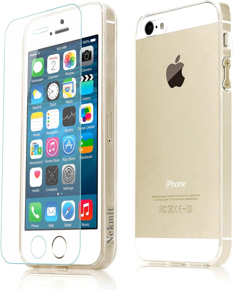 Nekmit® Scratch Resistant Clear Case [Aluminum Buttons] with Ultra-Clear Screen Protector for iPhone 5 5S (Gold Buttons)
