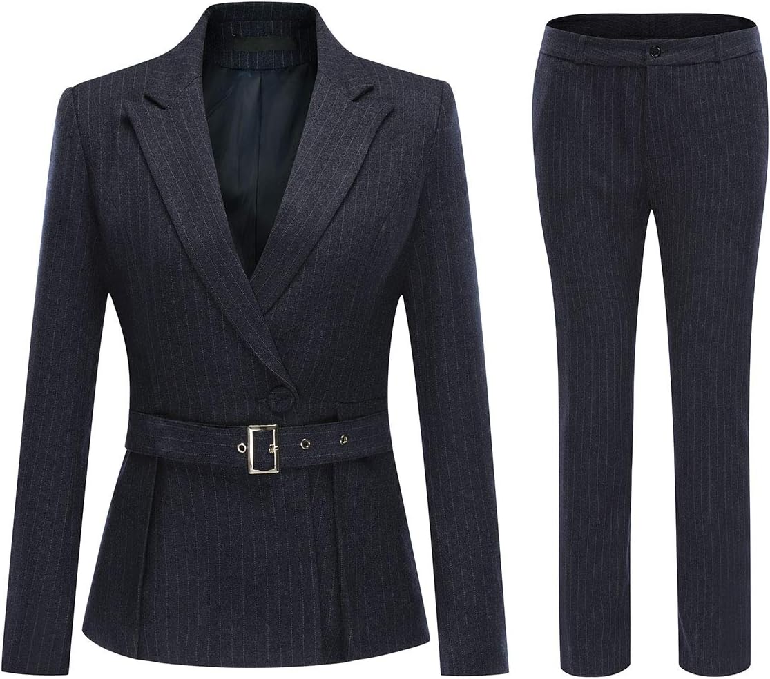 Women's 2 Piece Office Lady Stripes Business Suit Set Slim Fit Blazer Jacket Pant