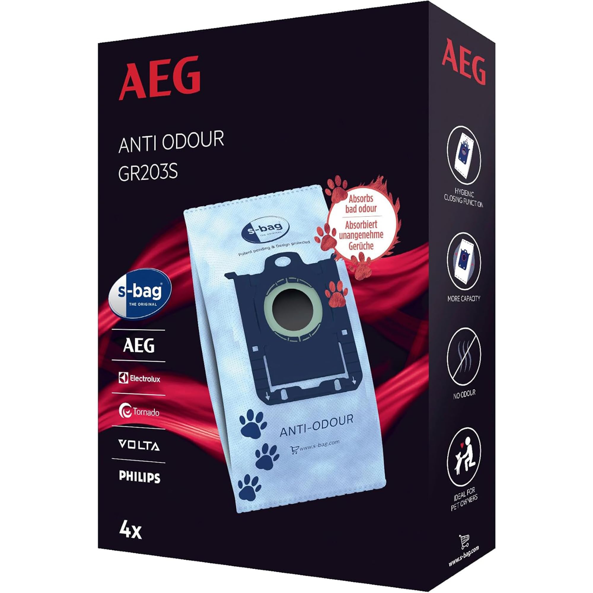 AEG GR203S - S-bag Anti-Odour Synthetic Vacuum Cleaner Bags, 4 Pack, Neutralises Pet Odours, Hygienic Seal for Clean Disposal, Long-Lasting Suction Power, Fits VX4 VX6 VX7 VX8 AB61 Electrolux Philips