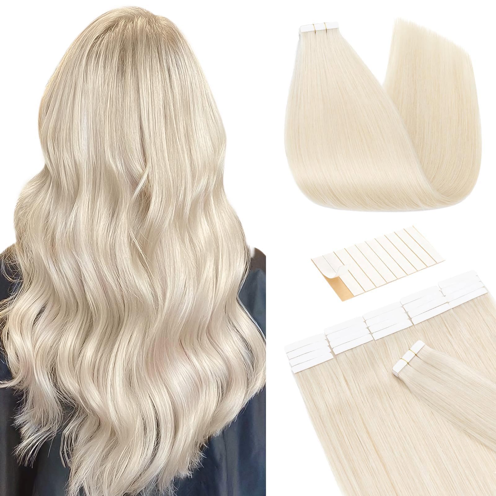 TESS Tape in Hair Extensions Human Hair 10 PCS #70 Ultra Platinum Blonde - 18 Inch Seamless Invisible Real Hair Extension Straight 25g