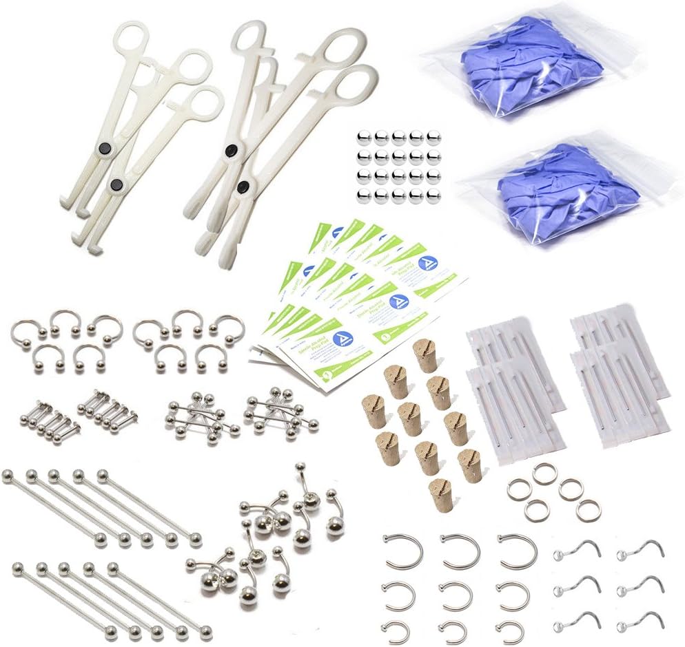 LionGothic 160pc. Professional Piercing kit Surgical Steel Jewelry,Piercing Corks,Needles,Gloves,Disposable Tools & Alcohol Pads