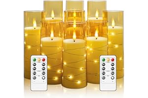 kakoya Flameless LED Candles with Timer 9 Pc Flickering Flameless Candles for Romantic Ambiance and Home Decoration Stable Acrylic Shell,with Embedded Star String，Battery Operated Candles（Gold）