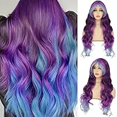 Tseses Blue Purple Long Curly Wigs for Women Ombre Purple Wave Synthetic Natural Soft Hair Funny Wigs for Cosplay Party