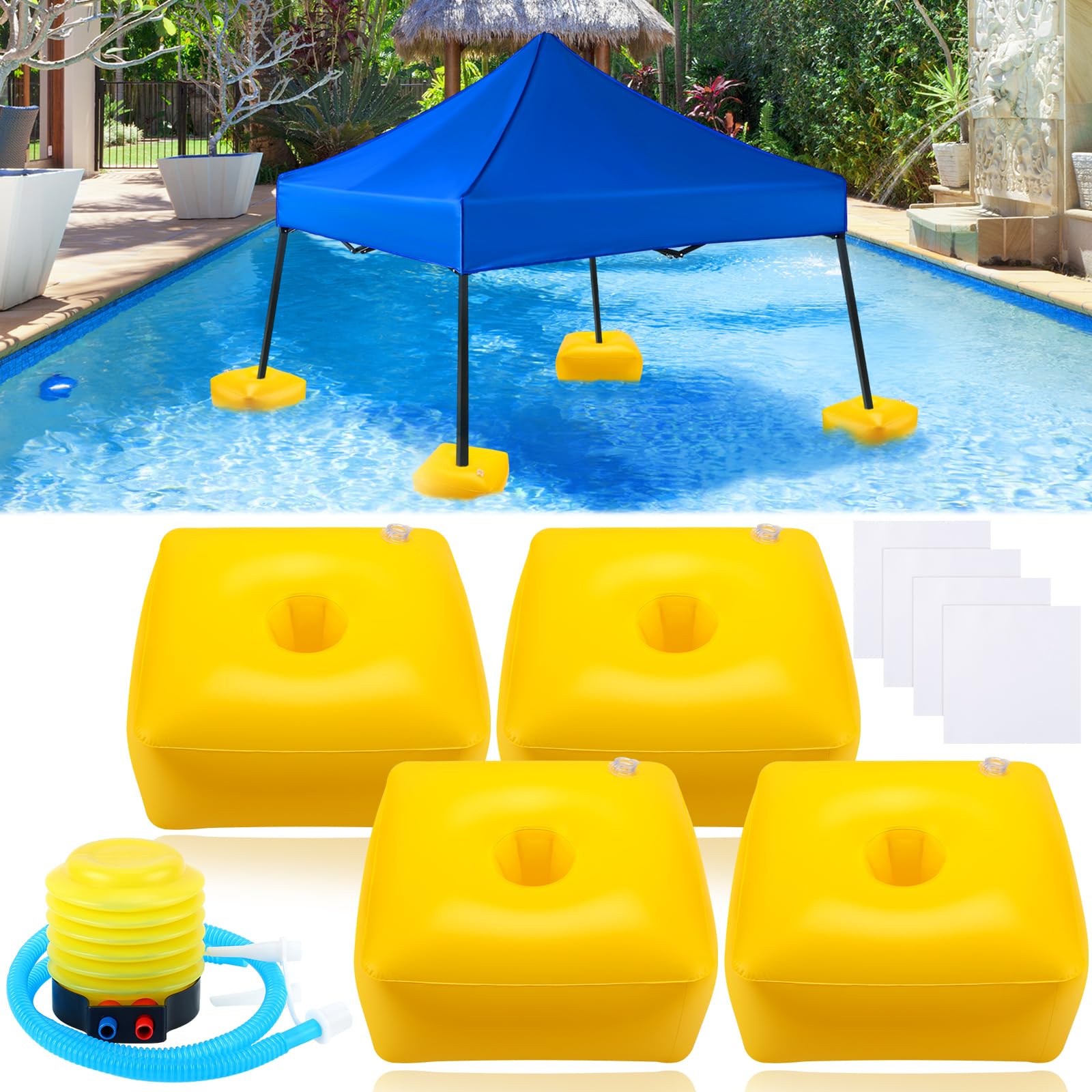 Photo 1 of 5 Pcs Water Float Kit for Canopy, Including 4 Pcs PVC Floats 18"x18"x10" and Hand Air Pump for Pool Lake Beach, Canopy Not Included(Yellow)