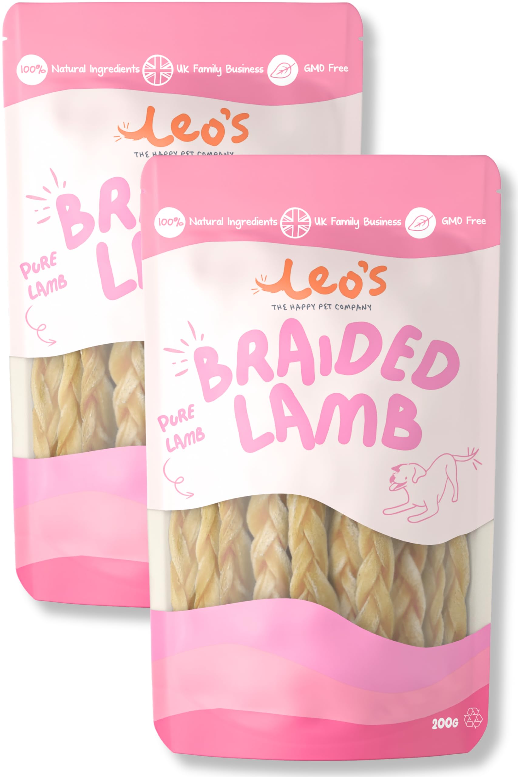 Leo's Lamb Braids for Dogs | Premium Natural Dog Chews | Long Lasting Dog Chews that Support Healthy Dental Hygiene | 100% Natural | Dog & Puppy Chews | Hypoallergenic Braided Lamb skin | (200g x 2)