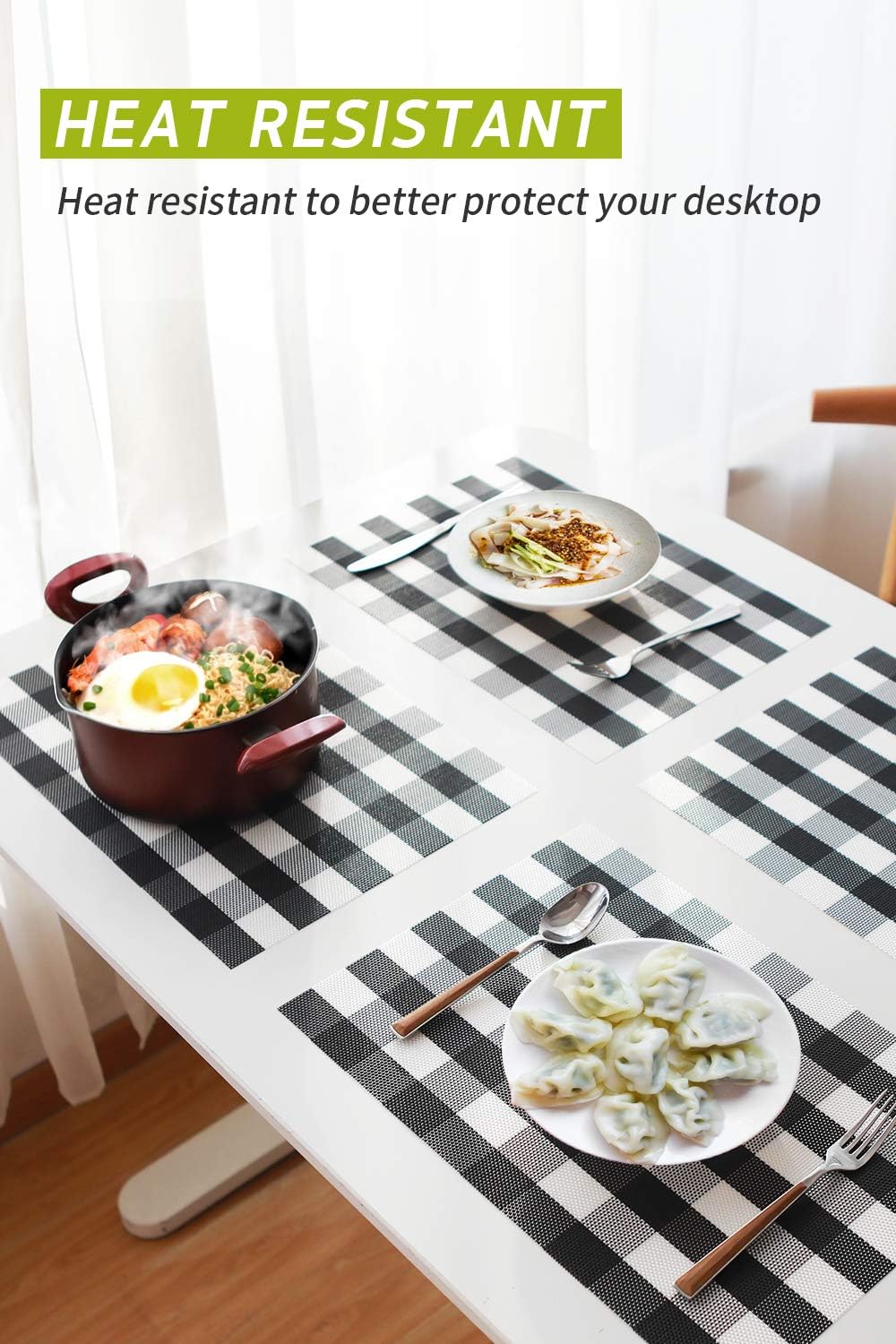 Syntus Placemats, Black and White PVC Woven Vinyl Buffalo Check Table Mats Washable Non-Slip Heat Resistant for Kitchen Dinning Table Thanksgiving & Christmas, Set of 4: Home & Kitchen