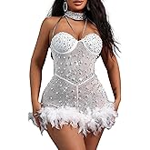 NIKBK Sexy Feather Rhinestone Backless Mesh Sheer Burlesque Outfit Nightout Clubwear Birthday Party Dress