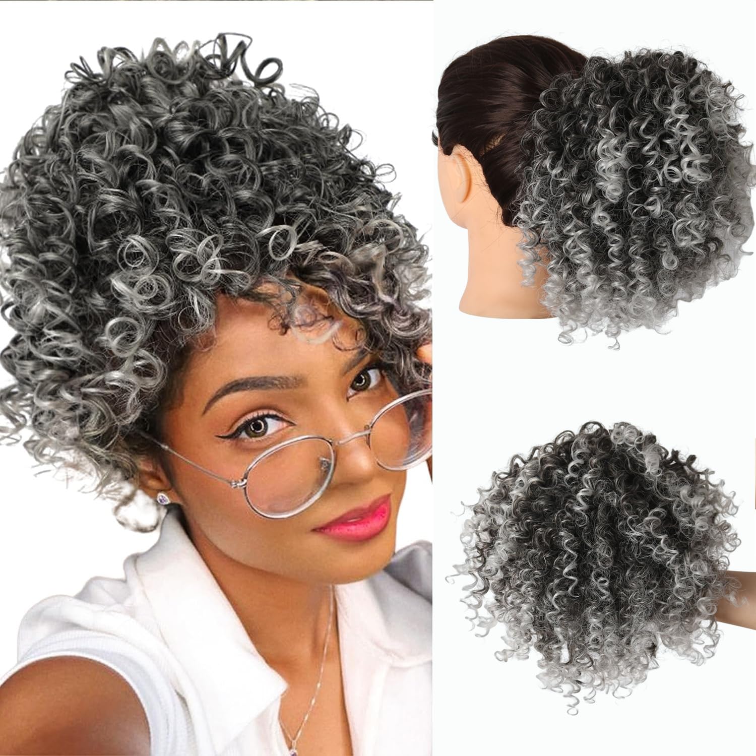 Photo 1 of Aisaide Short Gray kinky Curly Messy Bun Drawstring Ponytail for Black Women Afro Grey Ombre Curly Ponytail Extension Synthetic Messy Kinky Afro Puff Drawstring Fluffy 1B/Grey