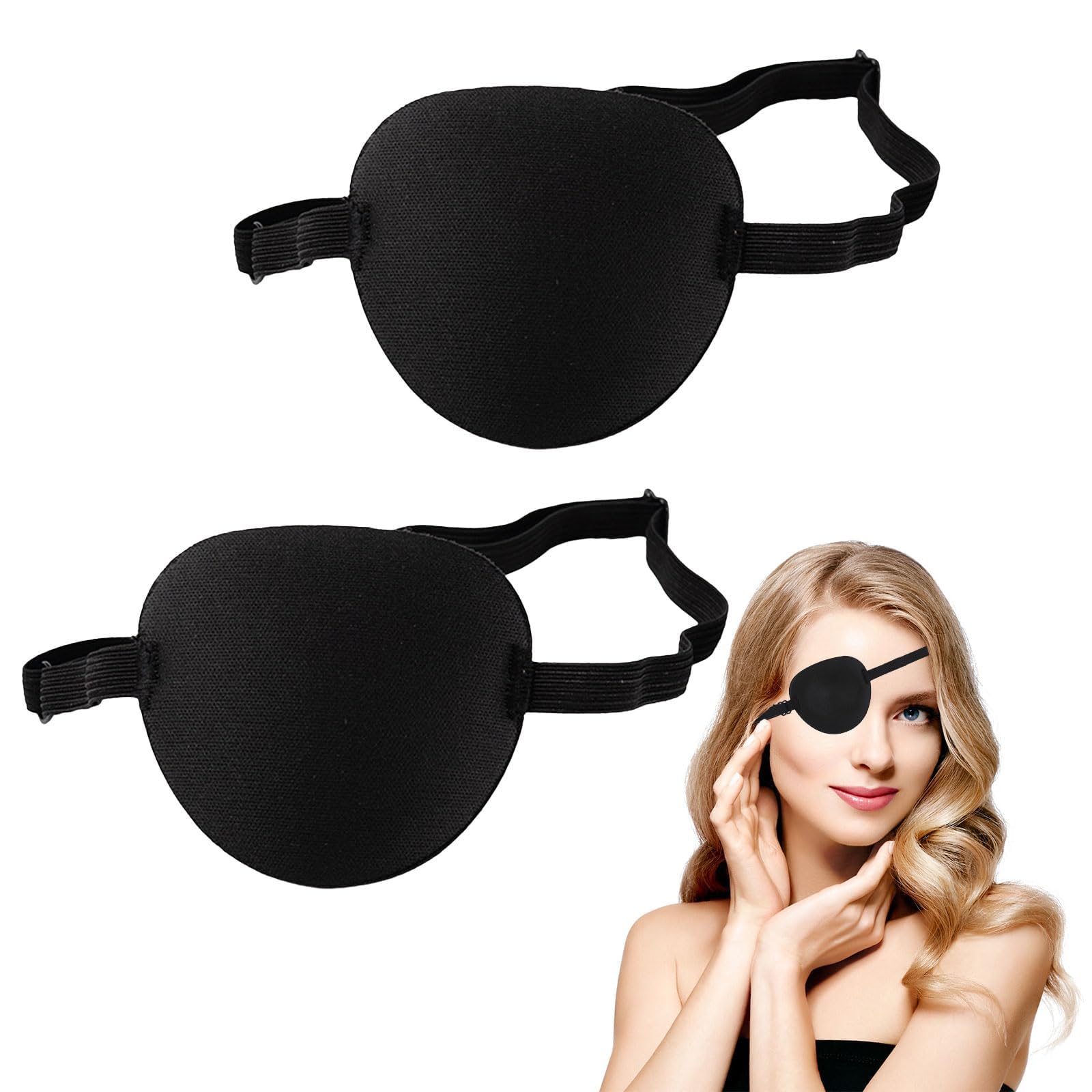 Dazejin 2Pcs Pirate Eye Patches Accessories, Black Elastic Adjustable Pirate Eye Patch, Captain Dress Up Costume for Caribbean Party, Halloween Party Supplies Costume for Adults
