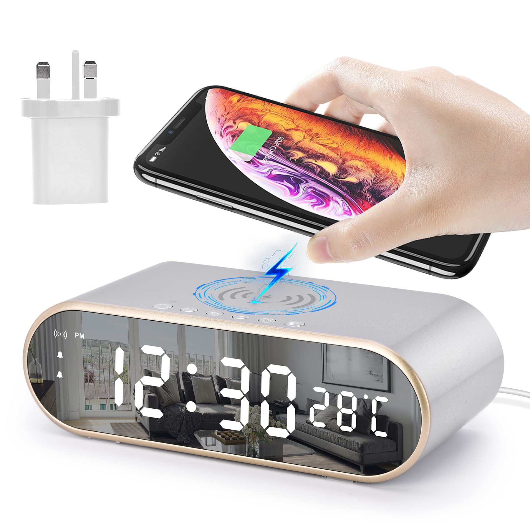 U-picks Alarm Clock with Qi wireless charging,max 15W fast charging,Bedside Digital Desk Clock with Adapter/Snooze/Dual Alarm/Temperature/4 Brightness, Digital Alarm Clock for Office,Bedroom-Silver