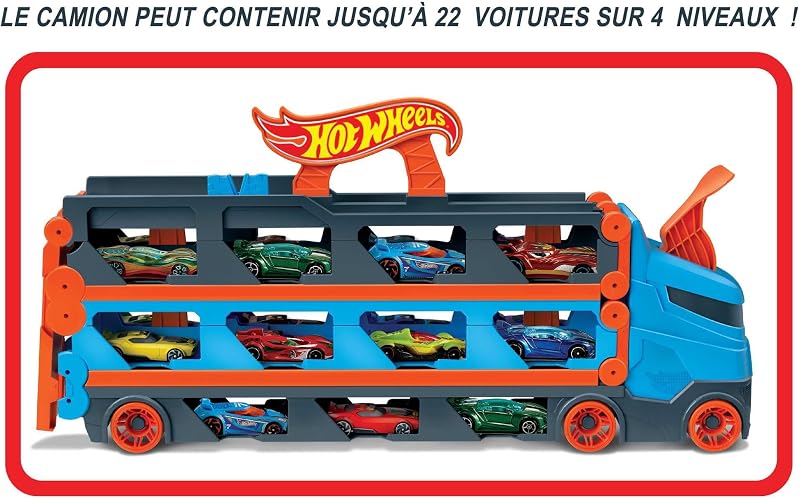 - Super Transporteur Extensible, Piste Camion pour Ranger Jusqu’à 20 véhicules, 3 Voitures incluses, Emballage fermé, Jouet pour Enfant, HGH33