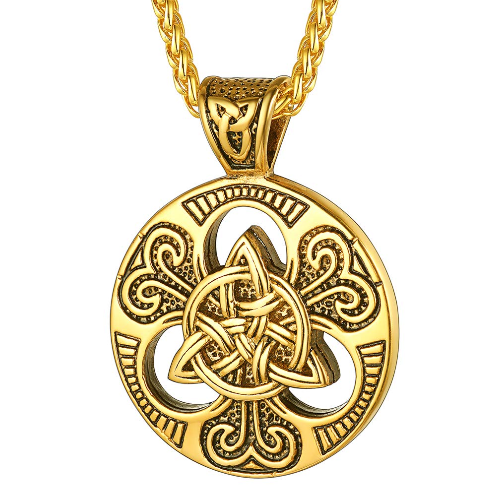 FaithHeart Mens Celtic Necklace Pendant Protective Jewellery Yellow Gold Plated Triangle Knot Necklaces Stainless Steel Triquetra Charm Occult Gift for Thanksgiving Day