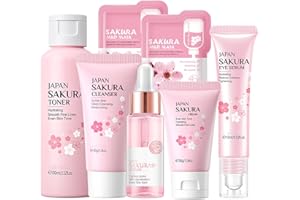 FASHION BASE Skin Care Set Sakura Women Beauty Gift Sets Korean Skin Care Kit- Cleanser,Serum,Face Cream,Toner,Eye Cream,Mud Mask-Skin Care Routine Kit (One Size, Cherry Blossom-StyleA-Bae Moisturizing)