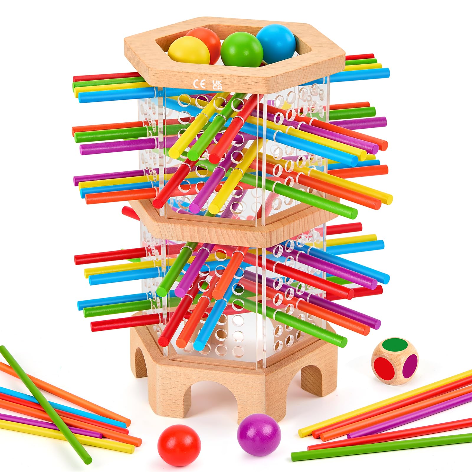 Montessori Spiel Brettspiel aus Holz, Spiele ab 4 Jahren, Holzspielzeug Kinderspiele Lernspiele ab 3 4 5 6 Jahren, 42 Bunte Holzstäbchen Lernspiele Reisespiel Würfelspiele Jungen Mädchen Geschenk