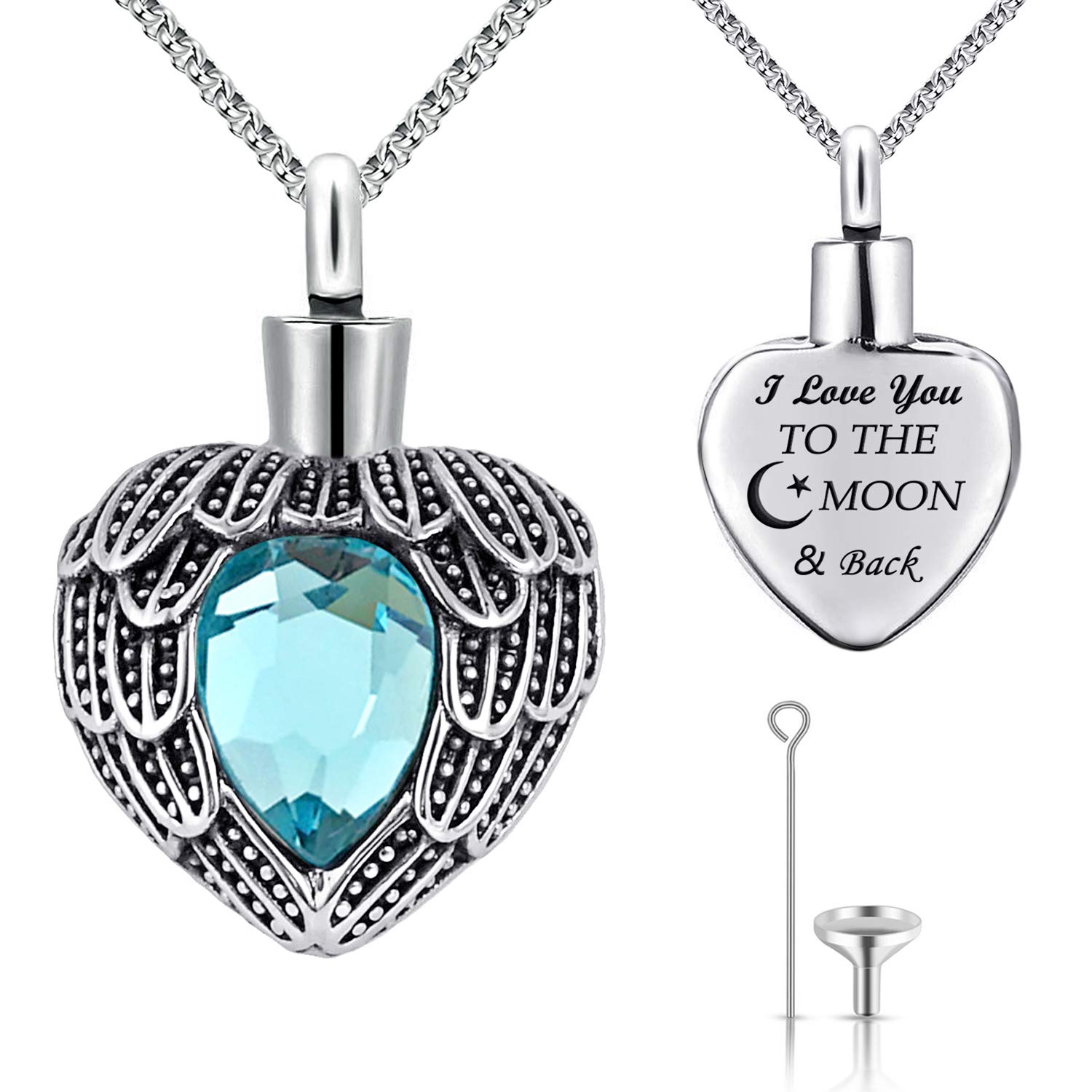 Urn Necklaces for Ashes Angel Wing Birthstone Charm Heart Cremation Jewelry Keepsake Holder Memorial Necklace Pendant