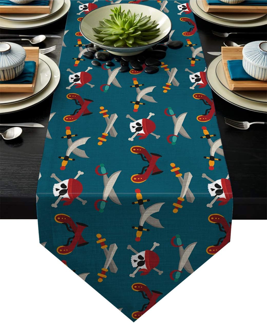 Dining Table Runner 13 x 90 Inch, Dead Pirate Skull and Crossbones Bandit Warning Icon Piracy Table Runners for Morden Stylish Wedding Party Holiday Table Setting Decor