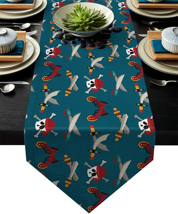 Dining Table Runner 13 x 90 Inch, Dead Pirate Skull and Crossbones Bandit Warning Icon Piracy Table Runners for Morden Stylish Wedding Party Holiday Table Setting Decor