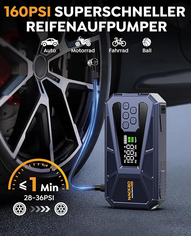 8000A Starthilfe Powerbank mit Kompressor 160 PSI, 12V Auto Starthilfe Powerbank für alle Benzinmotoren und bis zu 12,0L Dieselmotoren, tragbares Starthilfegerät mit 600LM LED-Licht & Starthilfekabeln