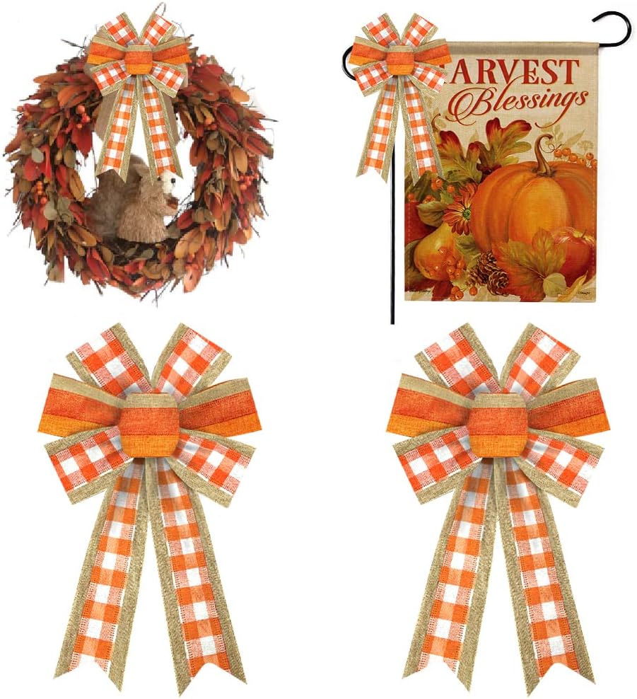 Bows & Ribbons - 2 Pieces Fall Bows for Wreath, Thanksgiving Wreath Bows White Orange Buffalo Plaid Bows Natural Burlap Bows Bows for Front Door Trees Topper Autumn Thanksgiving Decorations Supplies