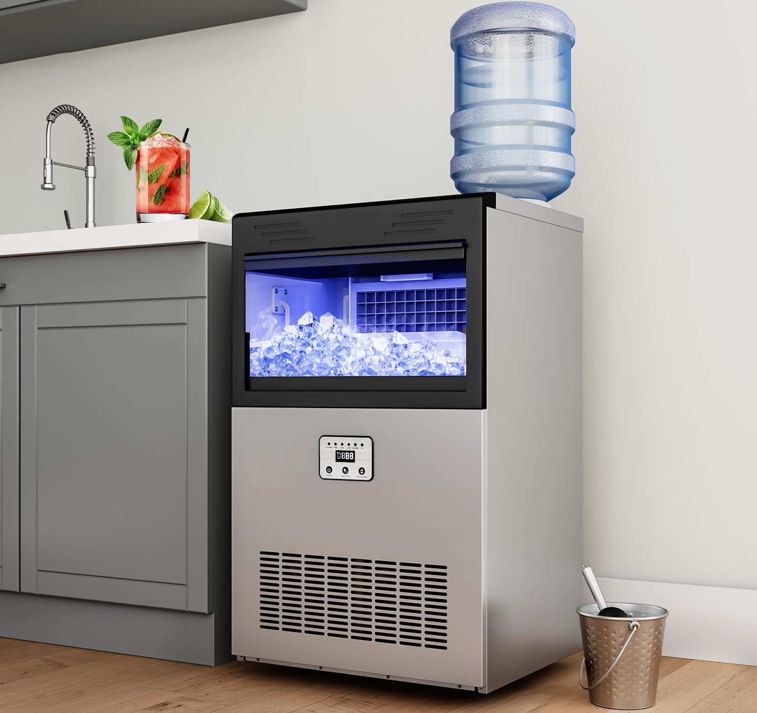 Photo 1 of YITAHOME 2 Way Water Inlet Commercial Ice Maker Machine 100LBS/24H, 33LBS Storage Bin, Tap Water & Top Loading 3-5 Gallon Freestanding Ice Maker with Stainless Steel Ice Scoop Ice Bucket