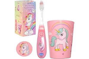 Lily's Home Kids Flashing Timer Toothbrush kids with Soft Bristles, Rising Cup & Cover - Fun 2-Min Light-Up Brushing for Children - Toddler Soft Toothbrush Kit (unicorn)